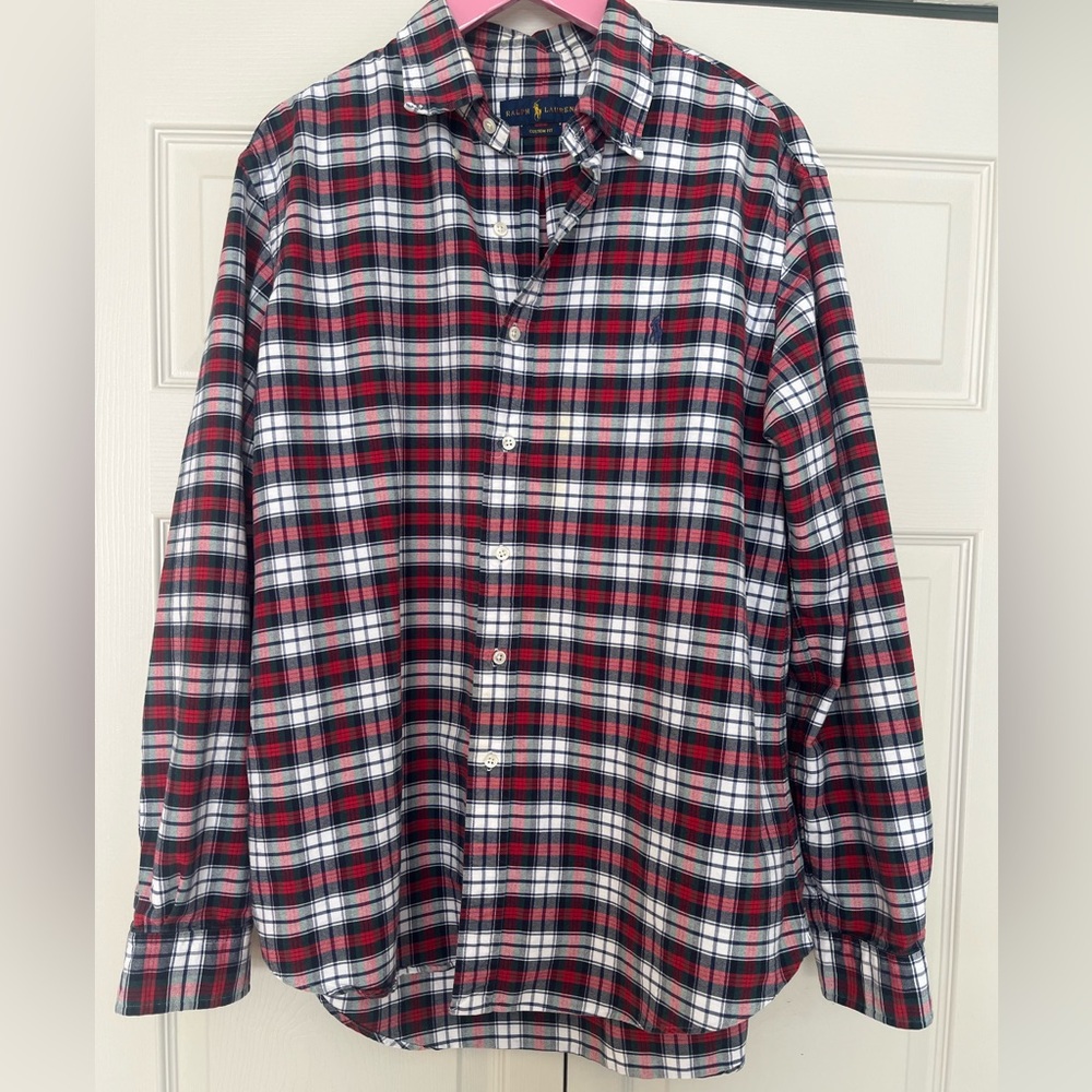 Ralph Lauren Christmas Plaid Button Up Shirt Red Green Pony Logo Large Unisex